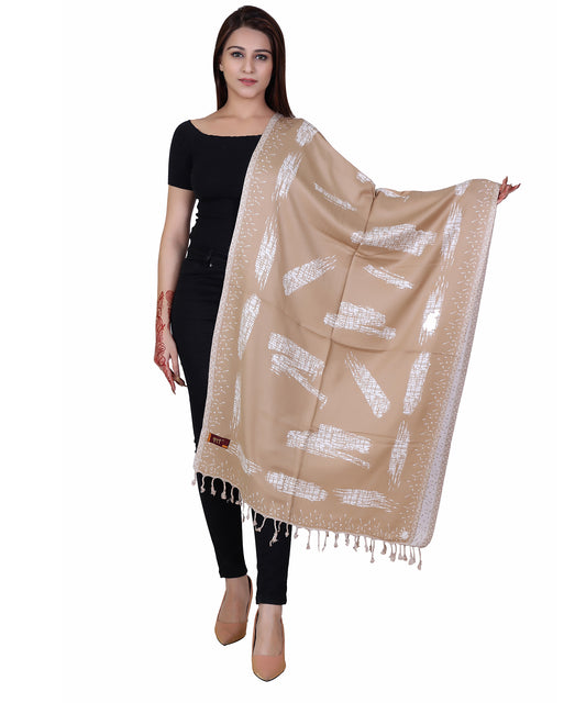 KRITI Striped Designer Woollen Reversible White Camel Stole For Girl