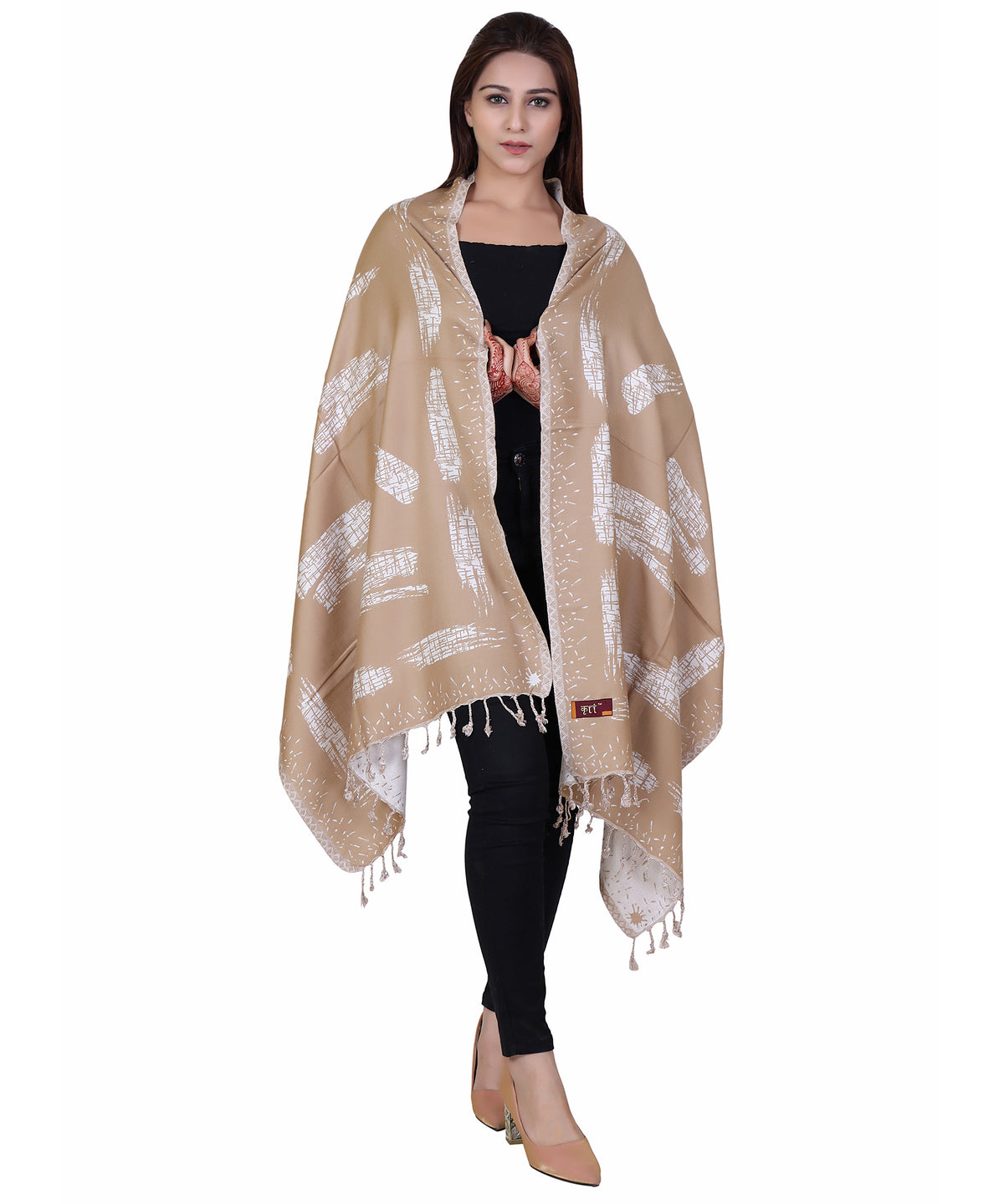 Striped Designer Woollen Reversible Stole - White Camel