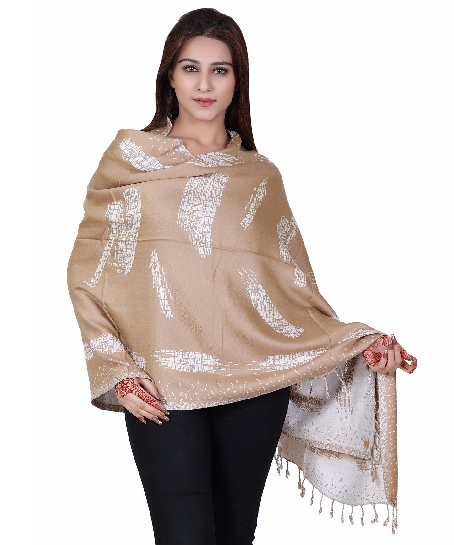 KRITI Striped Designer Woollen Reversible White Camel Stole For Girl