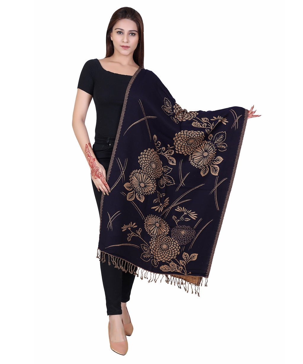 Golden Floral Designer Woollen Stole - Black