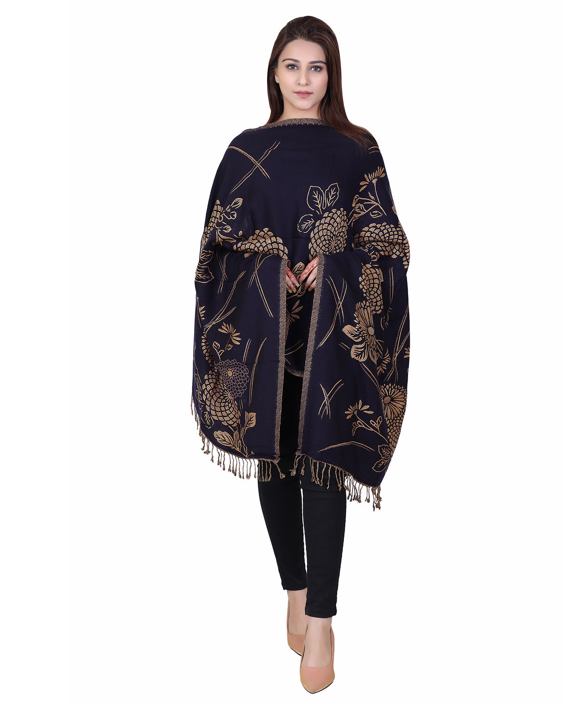 Golden Floral Designer Woollen Stole - Black