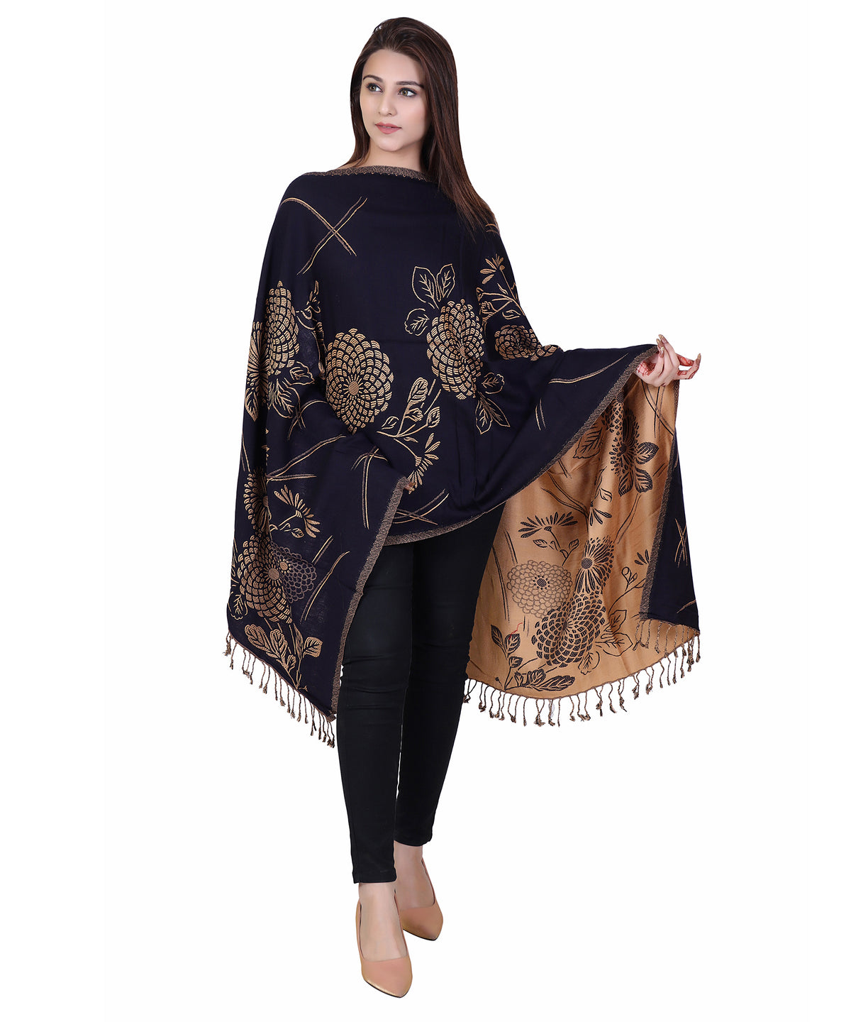 Golden Floral Designer Woollen Stole - Black
