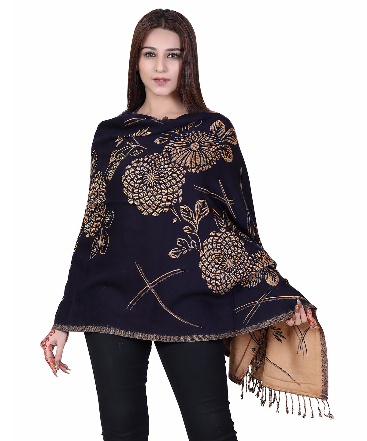 Golden Floral Designer Woollen Stole - Black