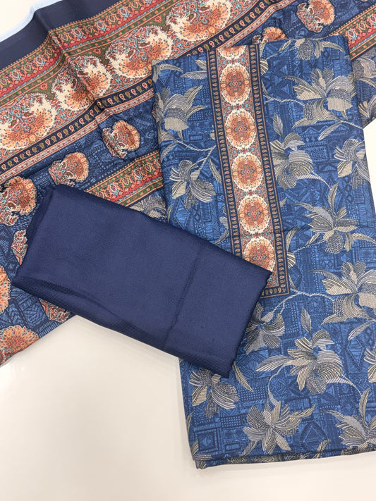 Designer Winter Woolen Unstitched Suit Set- Navy