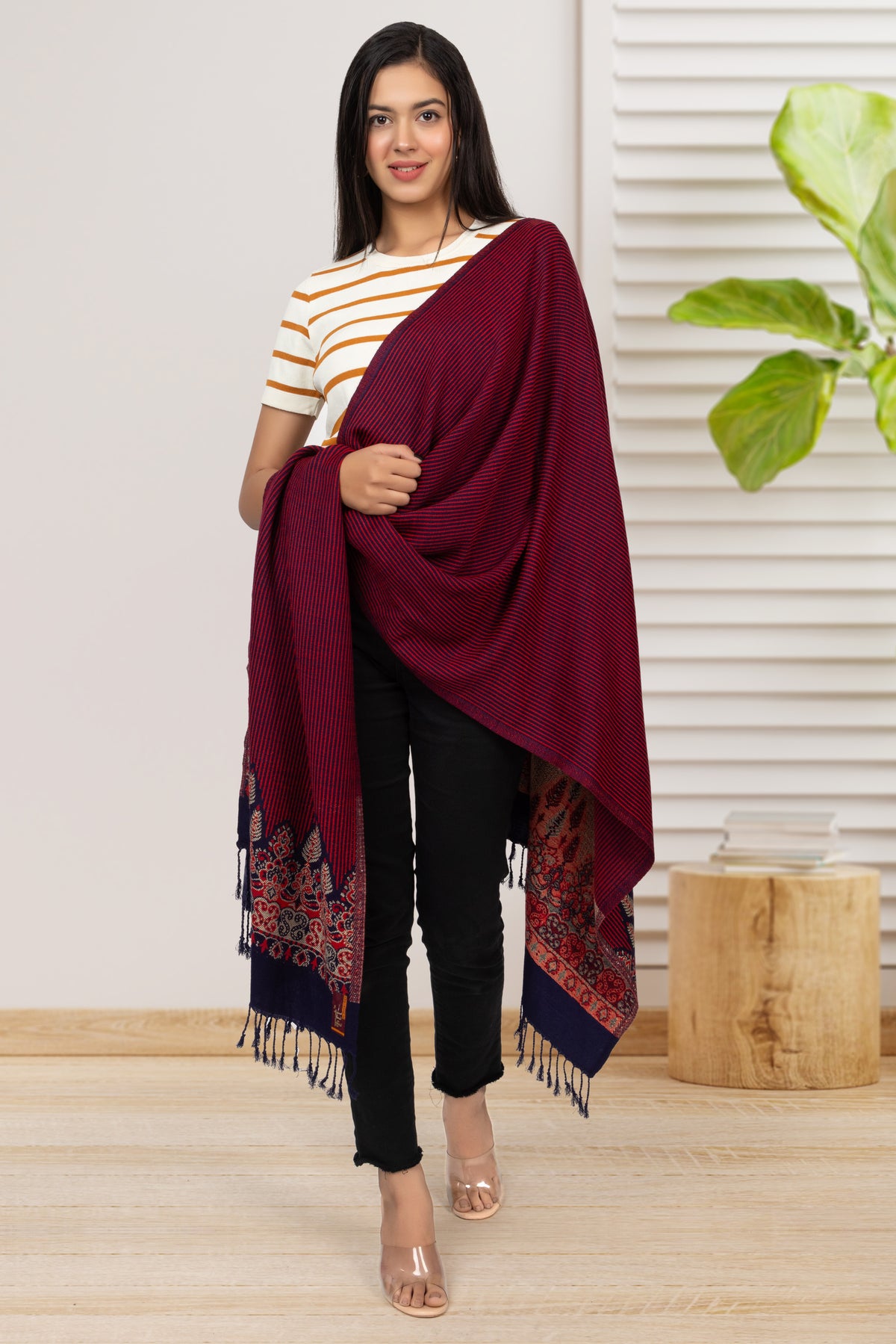 Maroon Designer Jacquard Border Stole