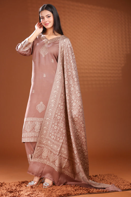 KRITI Woolen Unstitched Winter Suit Set Weave Design Coffee Color For Women