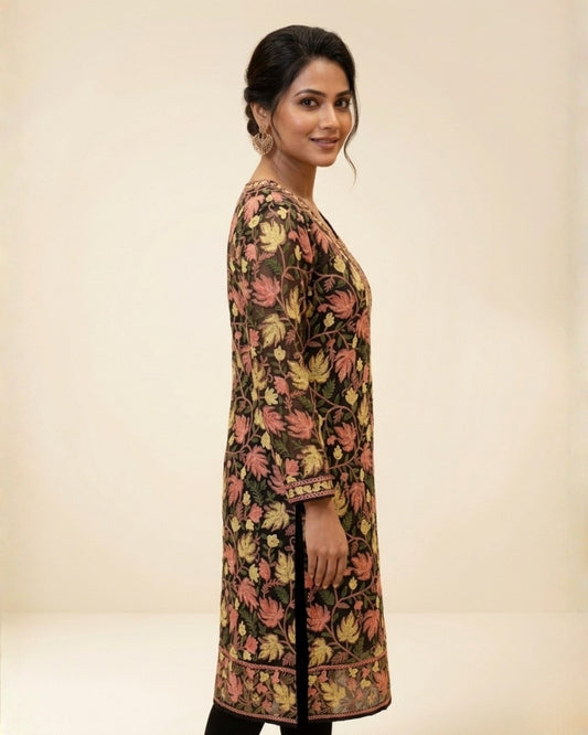 Kashmiri Embroidery Georgette Long Kurti - Black