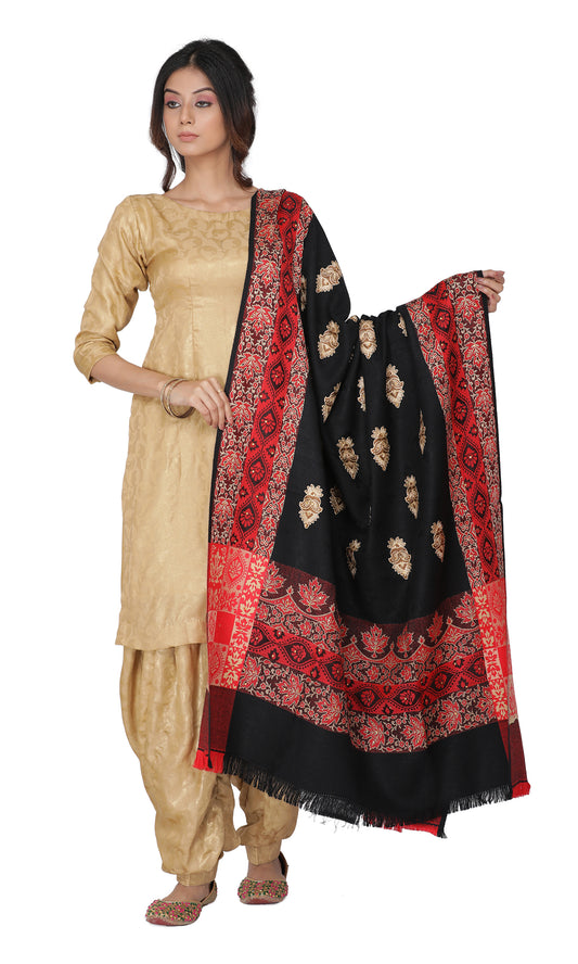 KRITI Paisley Border Design Woolen Black Color Shawl For Women