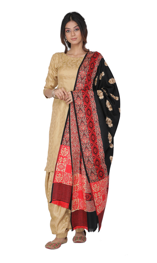 KRITI Paisley Border Design Woolen Black Color Shawl For Women