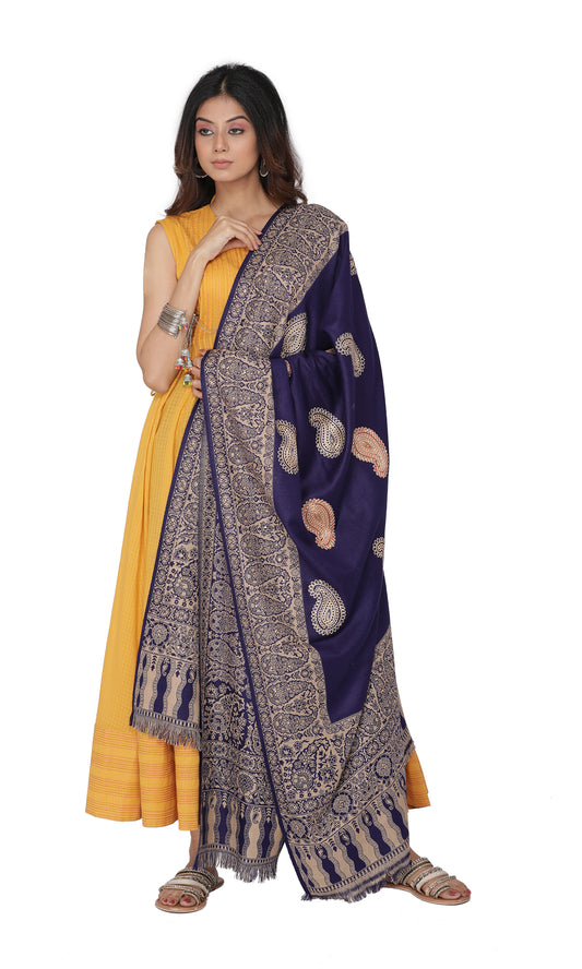 KRITI Paisley Border Design Woolen Navy Color Shawl For Women