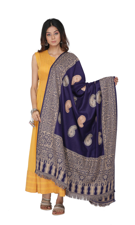 KRITI Paisley Border Design Woolen Navy Color Shawl For Women
