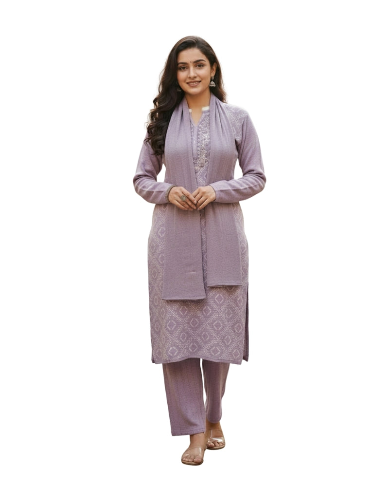 KRITI Women’s Woollen 3-Piece Embroidered Kurti Set with Bottom & Stole – Premium Winterwear | Soft Knitted Kurti, Bottom & Stole Suit Set Lavender Color | M-XXL Size