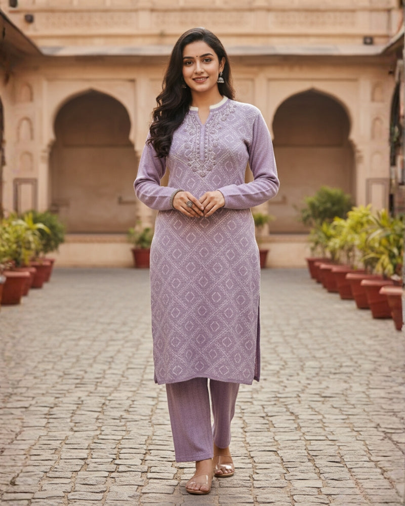KRITI Women’s Woollen 3-Piece Embroidered Kurti Set with Bottom & Stole – Premium Winterwear | Soft Knitted Kurti, Bottom & Stole Suit Set Lavender Color | M-XXL Size
