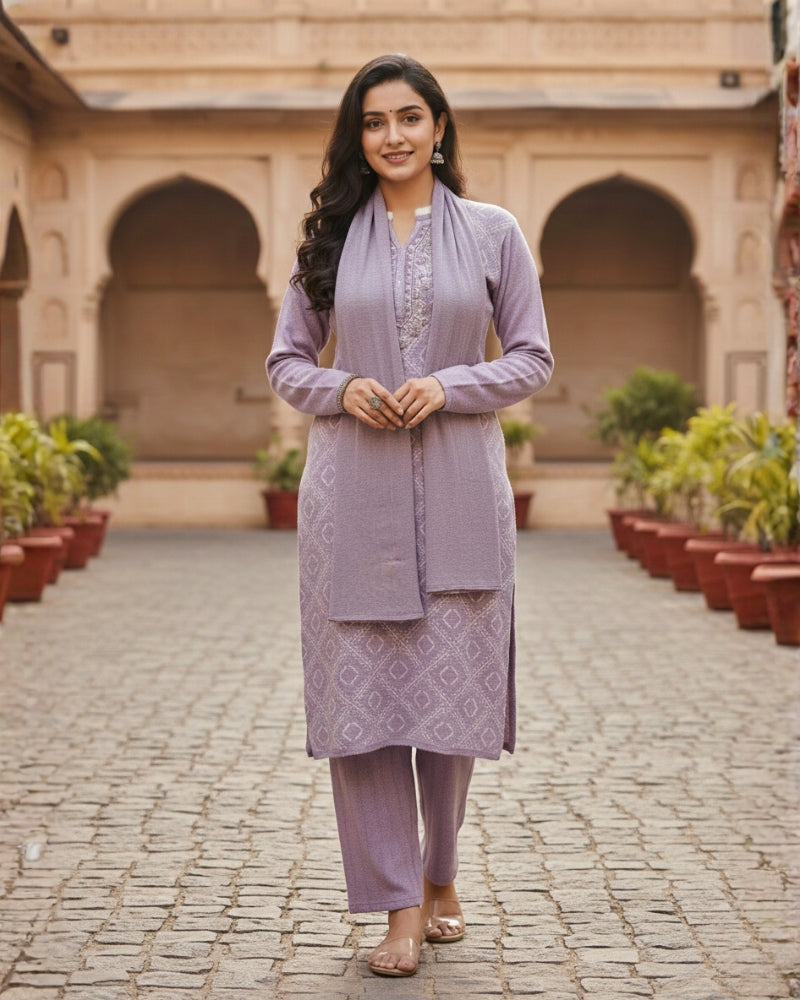 KRITI Women’s Woollen 3-Piece Embroidered Kurti Set with Bottom & Stole – Premium Winterwear | Soft Knitted Kurti, Bottom & Stole Suit Set Lavender Color | M-XXL Size
