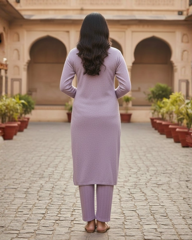 KRITI Women’s Woollen 3-Piece Embroidered Kurti Set with Bottom & Stole – Premium Winterwear | Soft Knitted Kurti, Bottom & Stole Suit Set Lavender Color | M-XXL Size