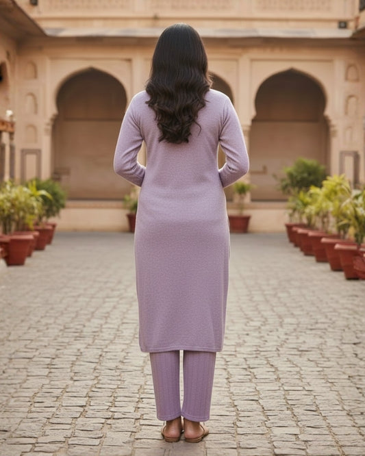 KRITI Women’s Woollen 3-Piece Embroidered Kurti Set with Bottom & Stole – Premium Winterwear | Soft Knitted Kurti, Bottom & Stole Suit Set Lavender Color | M-XXL Size