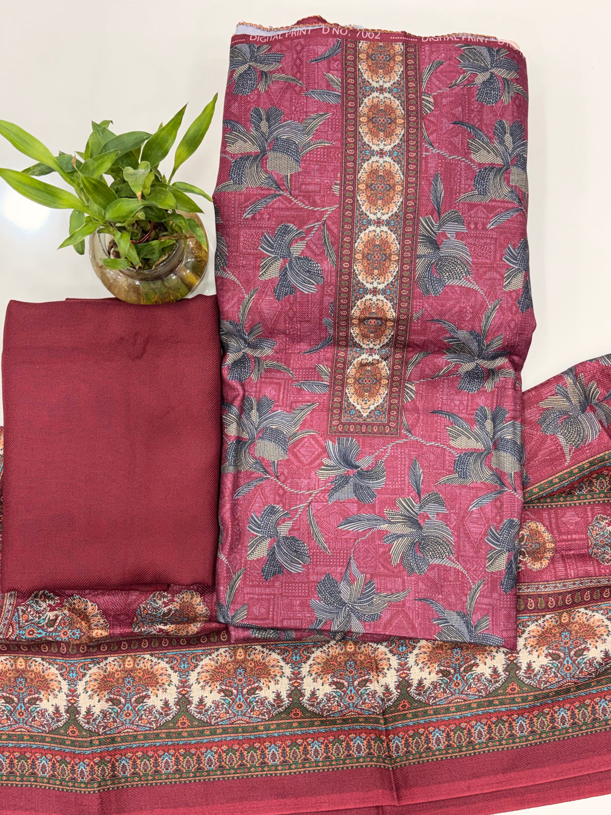 Designer Winter Woolen Unstitched Suit Set- Maroon