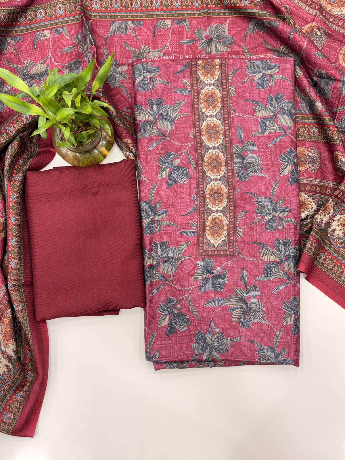 Designer Winter Woolen Unstitched Suit Set- Maroon
