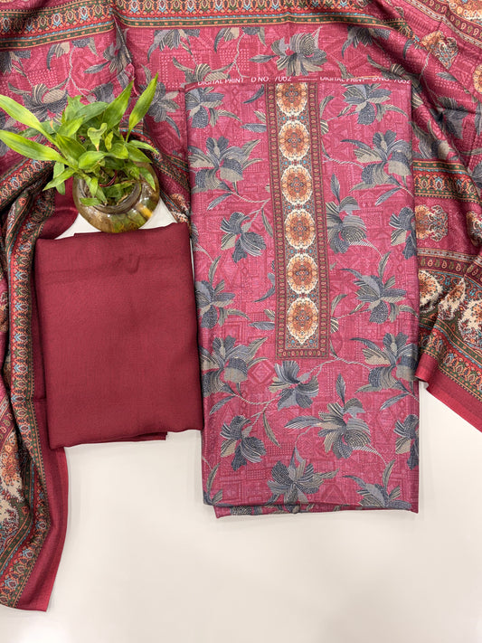 Designer Winter Woolen Unstitched Suit Set- Maroon