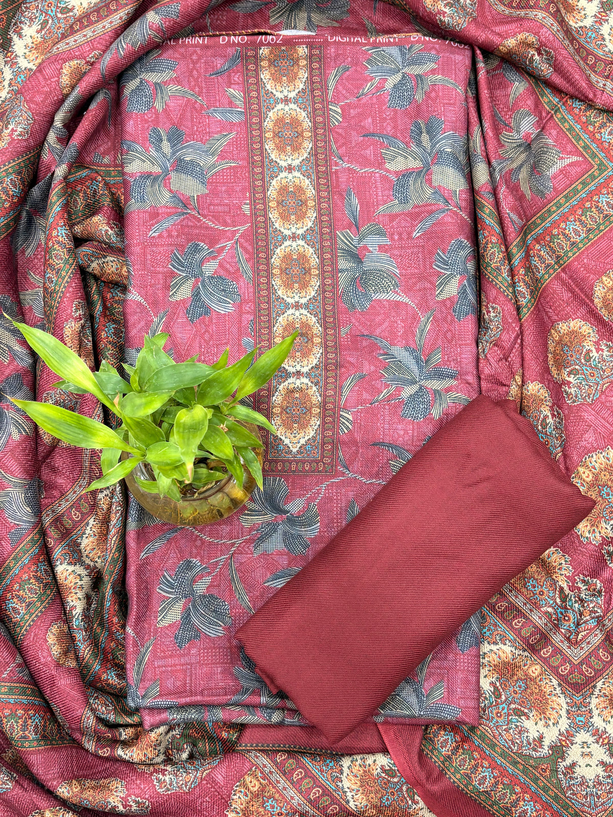 Designer Winter Woolen Unstitched Suit Set- Maroon