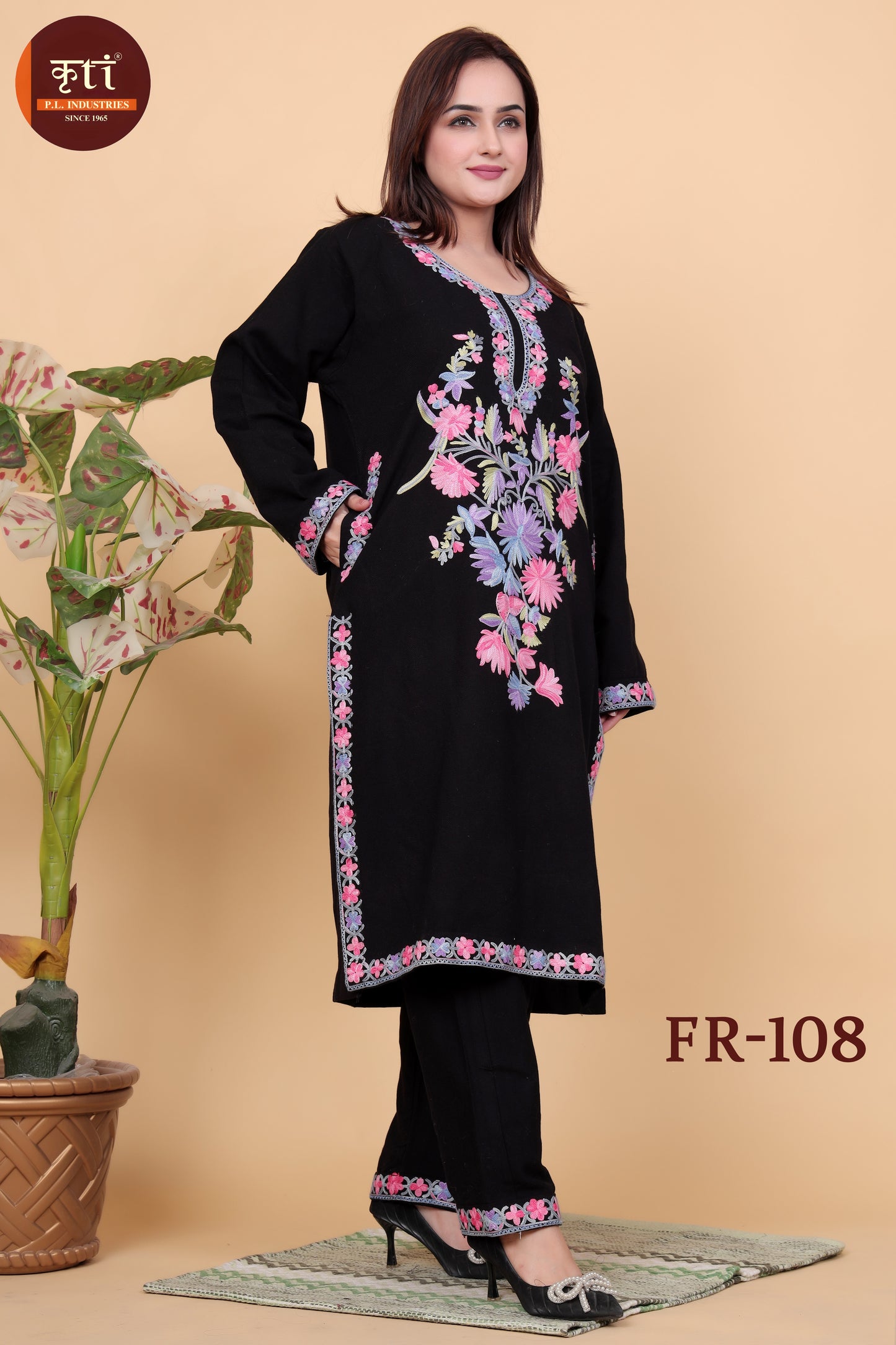 Women's Traditional Embroidered Black Winter Kurti 2 PC Set Top And Bottom