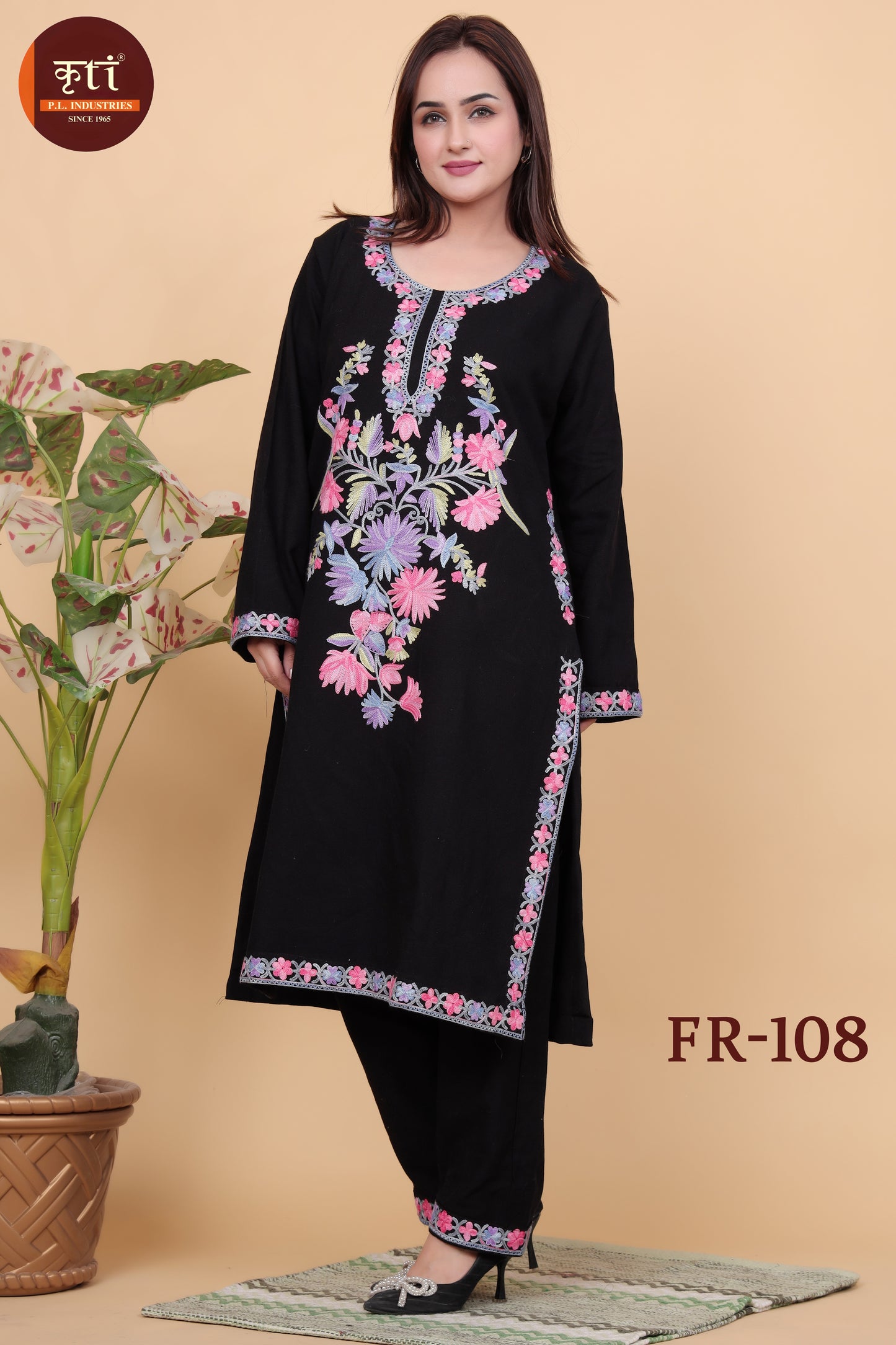 Women's Traditional Embroidered Black Winter Kurti 2 PC Set Top And Bottom