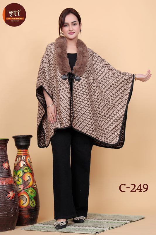 Elegant Geometric Patterned Poncho with Faux Fur Trim