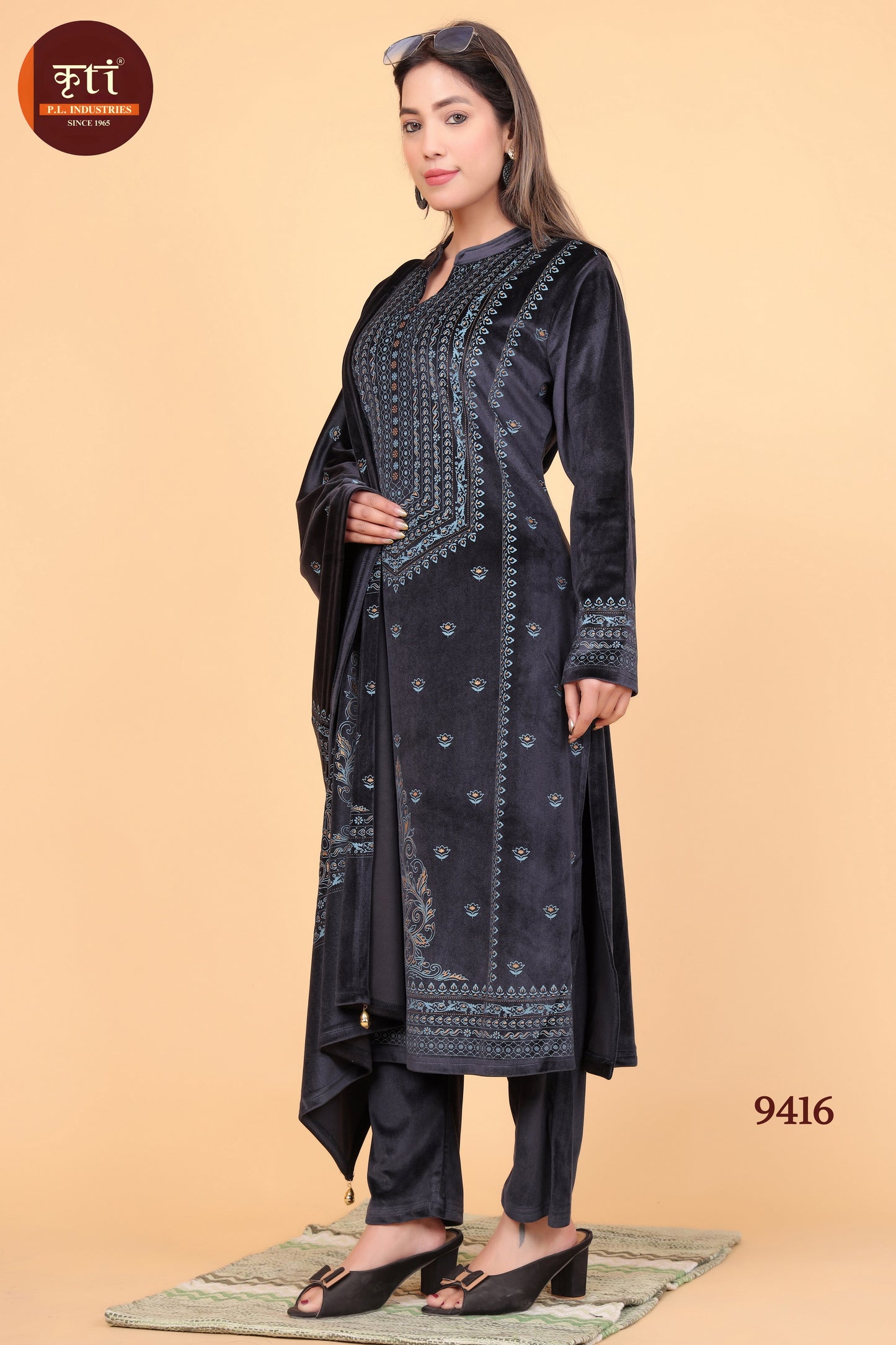 Winter-Ready Velvet Kurti Set with Bottom and Dupatta Luxurious Fabric Elegant & Cozy