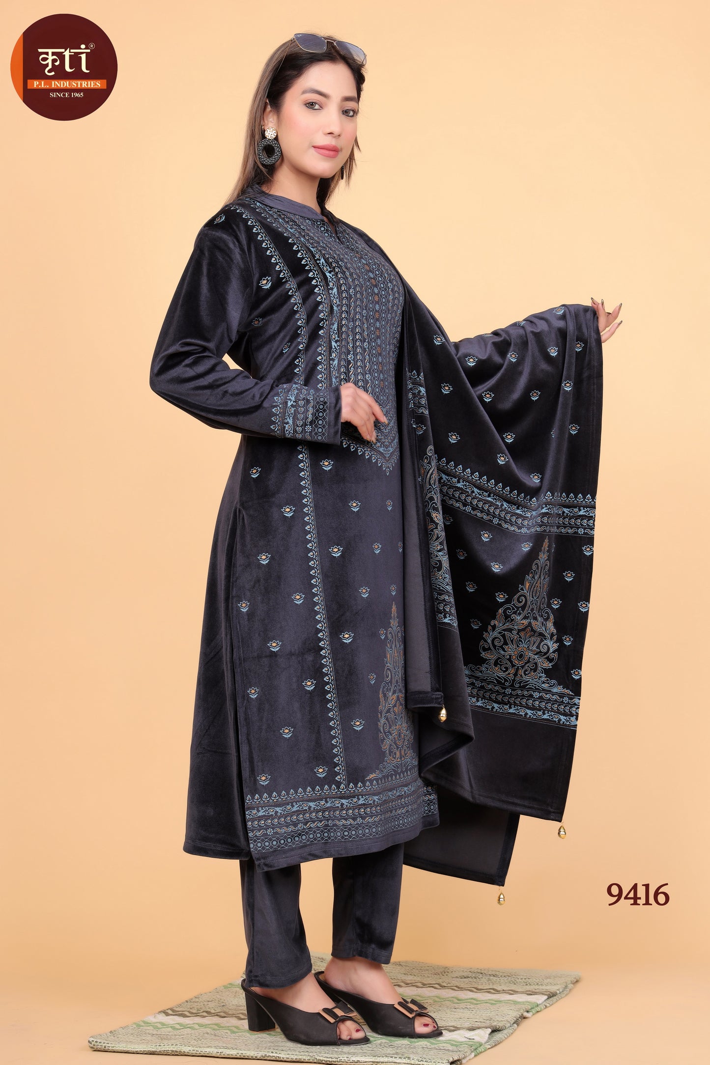 Winter-Ready Velvet Kurti Set with Bottom and Dupatta Luxurious Fabric Elegant & Cozy