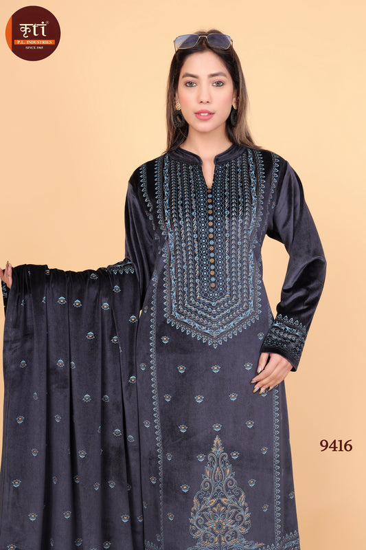 Winter-Ready Velvet Kurti Set with Bottom and Dupatta Luxurious Fabric Elegant & Cozy