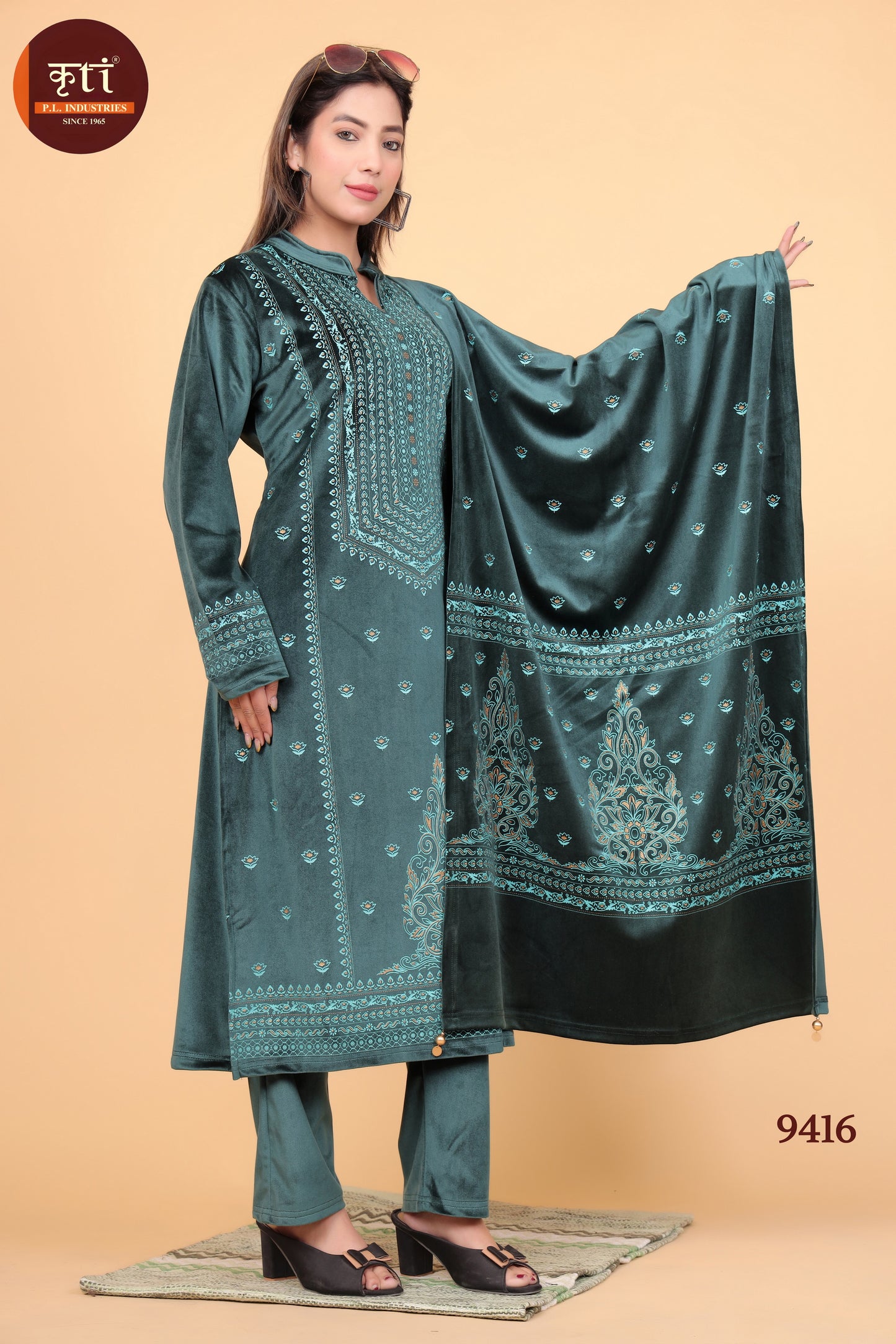 Winter-Ready Velvet Kurti Set with Bottom and Dupatta Luxurious Fabric Elegant & Cozy