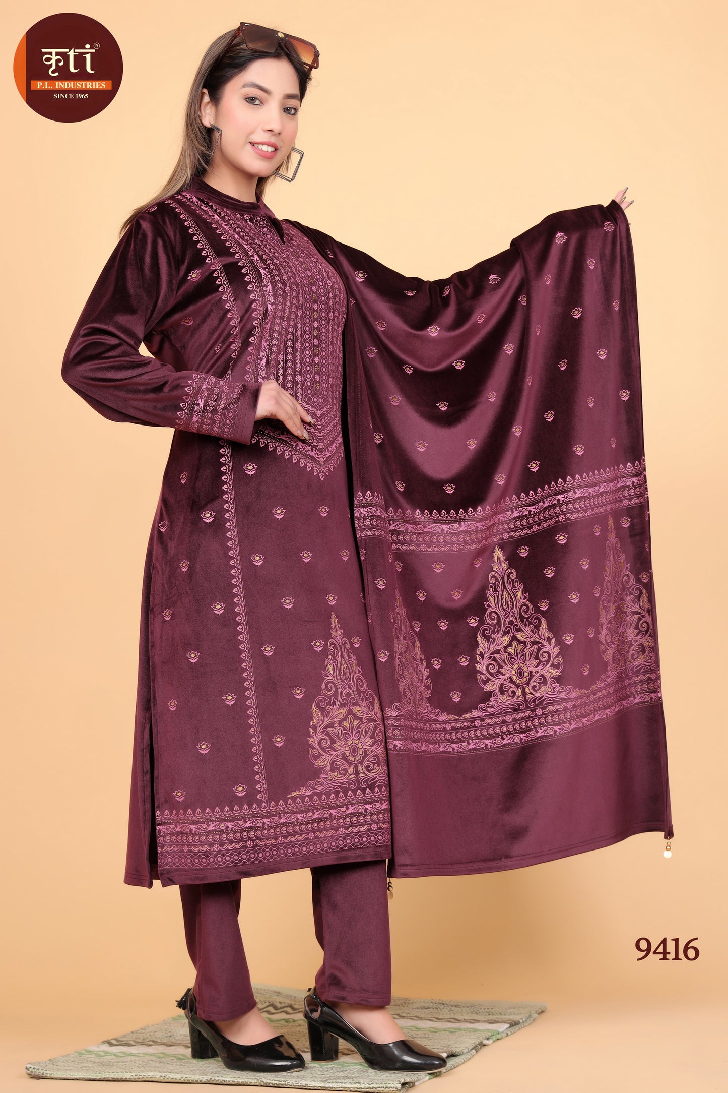 Winter-Ready Velvet Kurti Set with Bottom and Dupatta Luxurious Fabric Elegant & Cozy