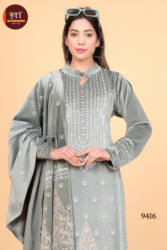 Winter-Ready Velvet Kurti Set with Bottom and Dupatta Luxurious Fabric Elegant & Cozy