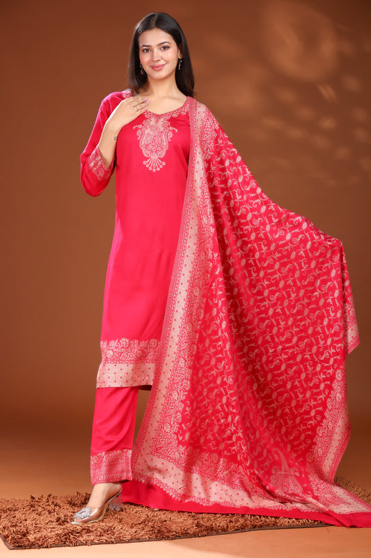 KRITI Woolen Unstitched Winter Suit Set Woven Pattern Pink Color For Women