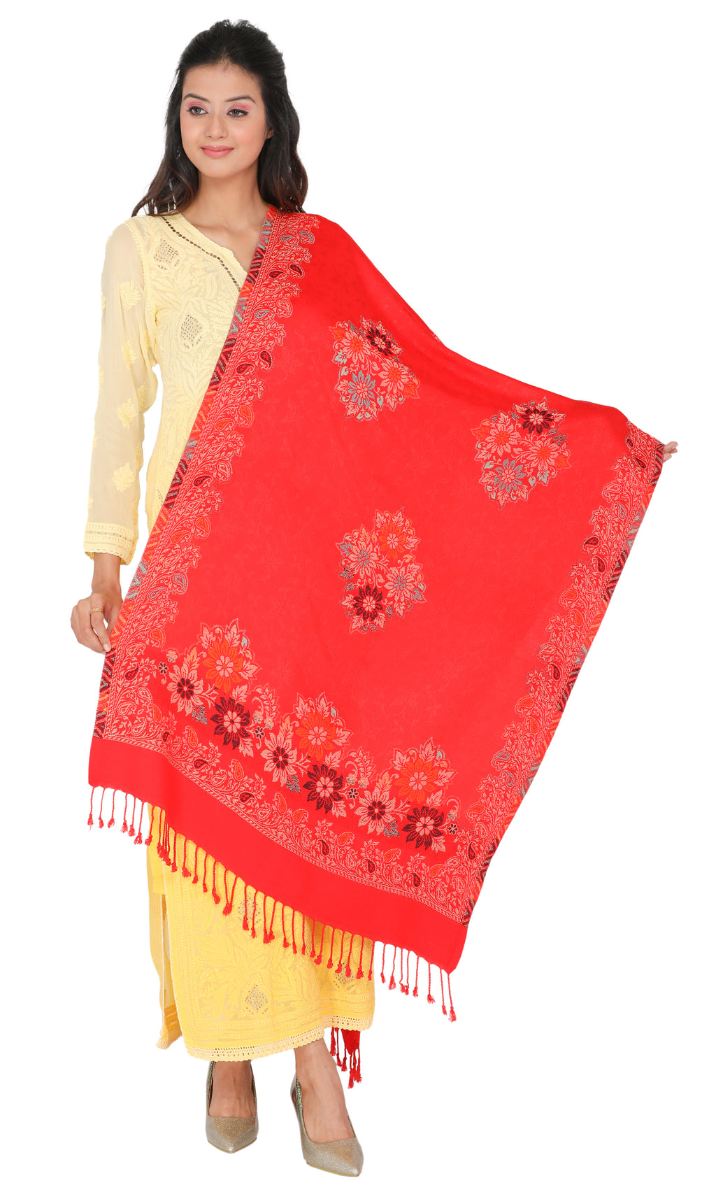 Floral Pattern Woollen Stole - Red