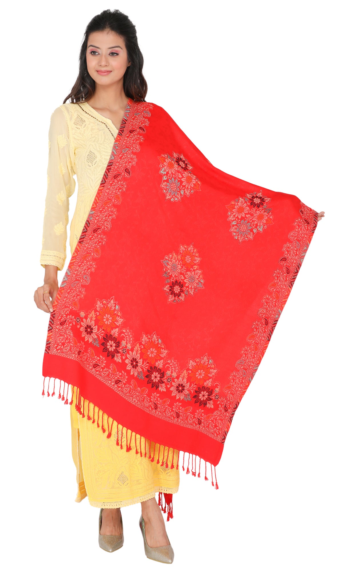 Floral Pattern Woollen Stole - Red