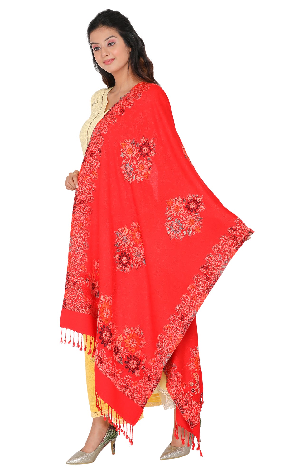 Floral Pattern Woollen Stole - Red