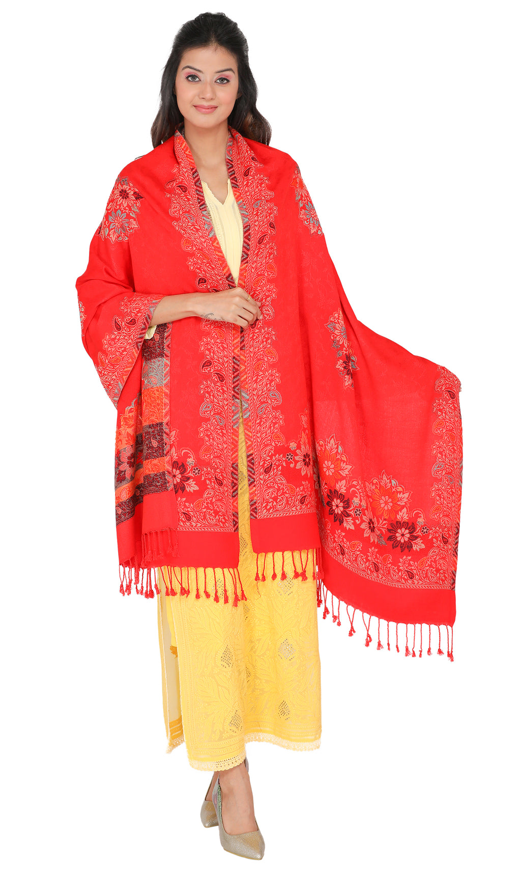 Floral Pattern Woollen Stole - Red
