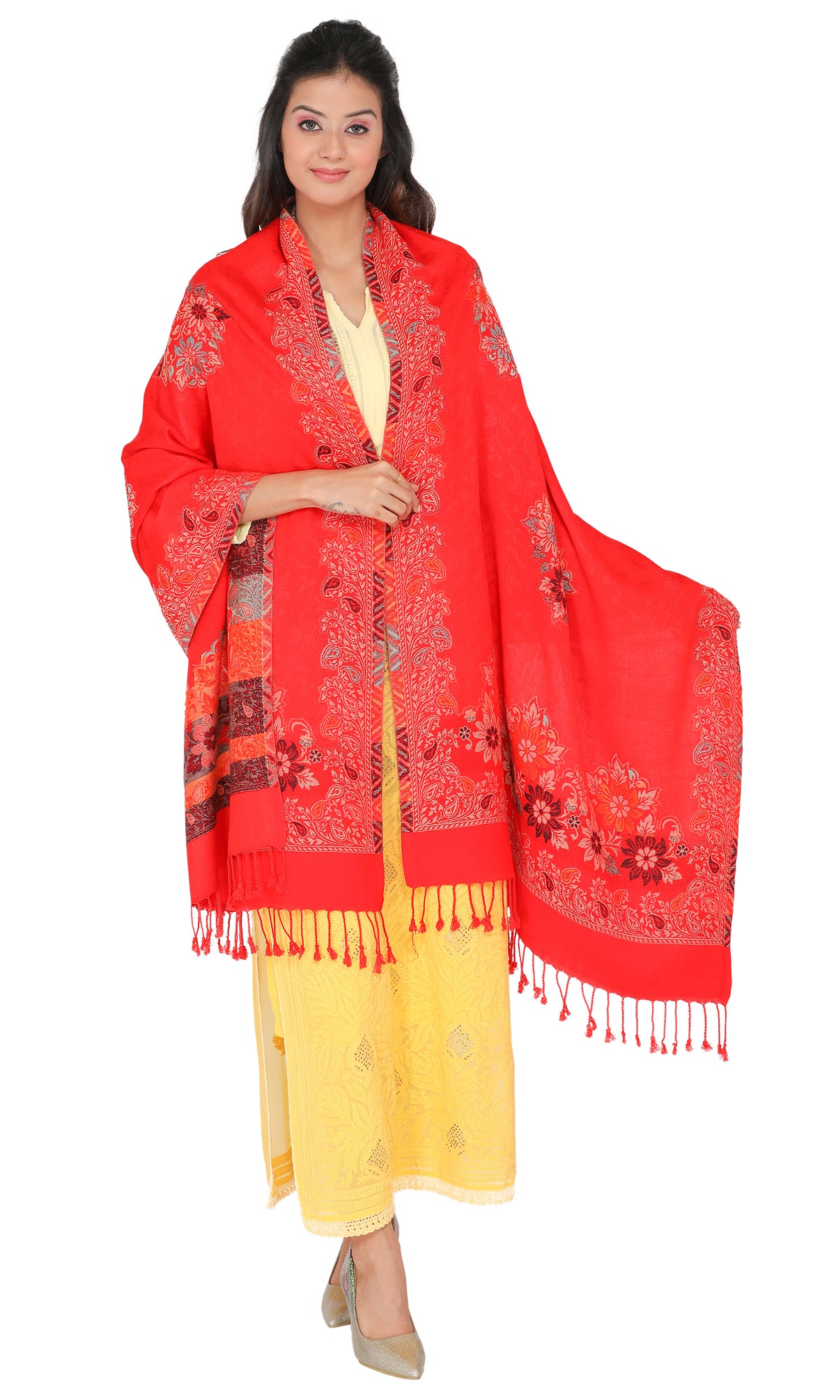 Floral Pattern Woollen Stole - Red