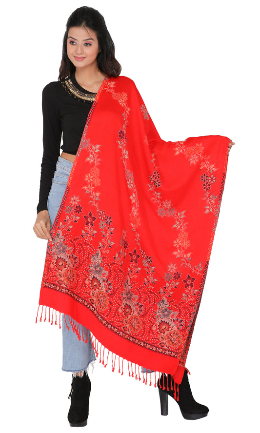 KRITI Floral Border Design Woolen Red Color Stole For Girl