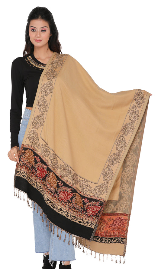KRITI Floral Border Design Woolen Camel Black Color Stole For Girl