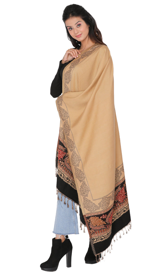 KRITI Floral Border Design Woolen Camel Black Color Stole For Girl
