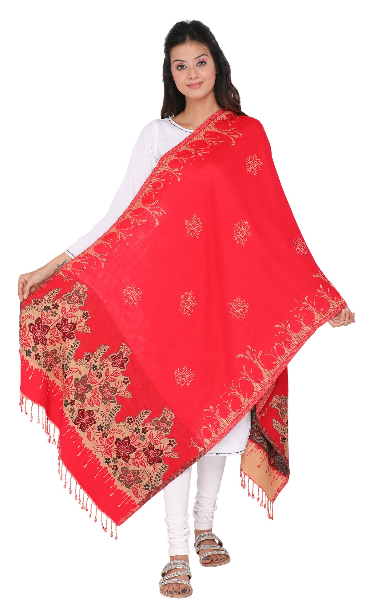 Floral Embroidery Woollen Stole - Red