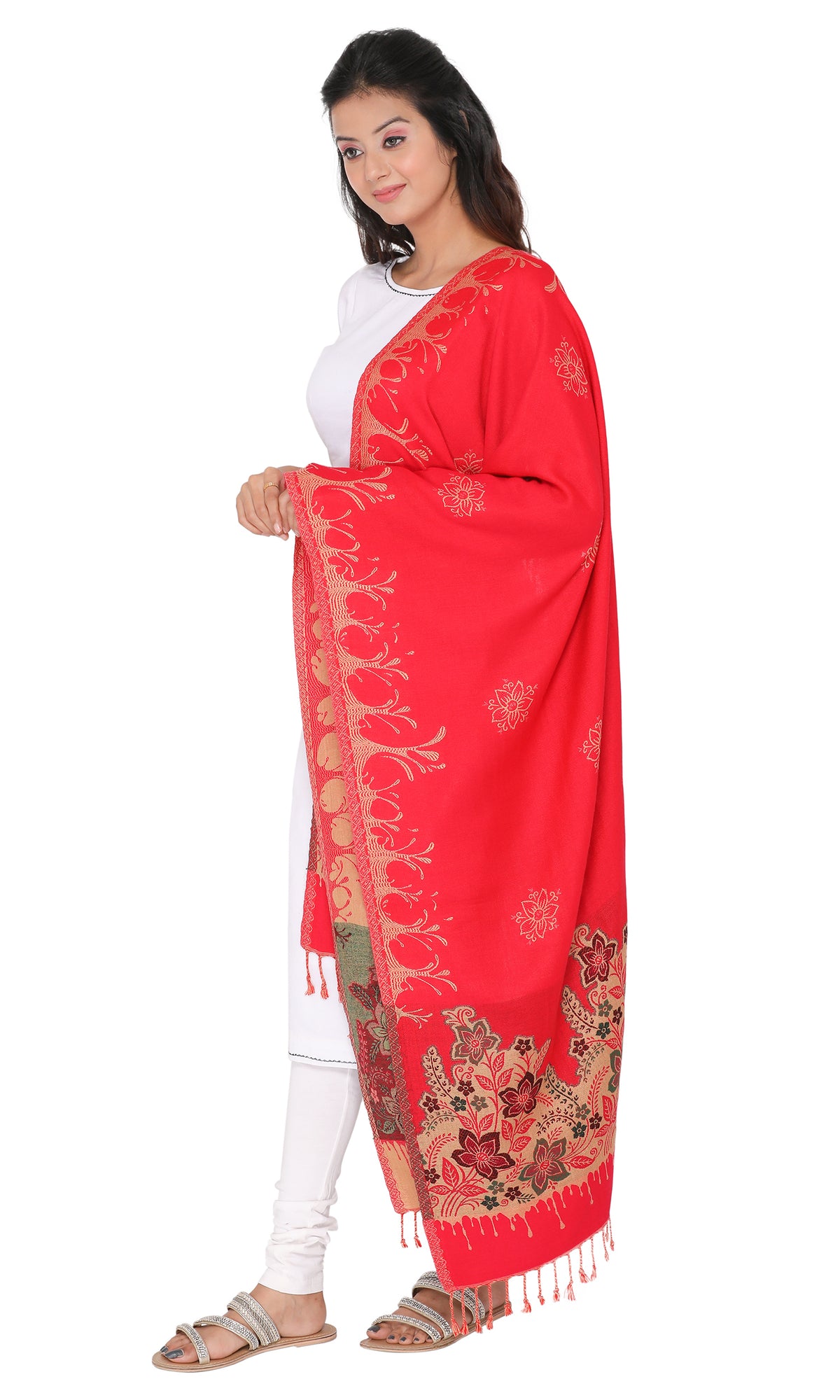 Floral Embroidery Woollen Stole - Red