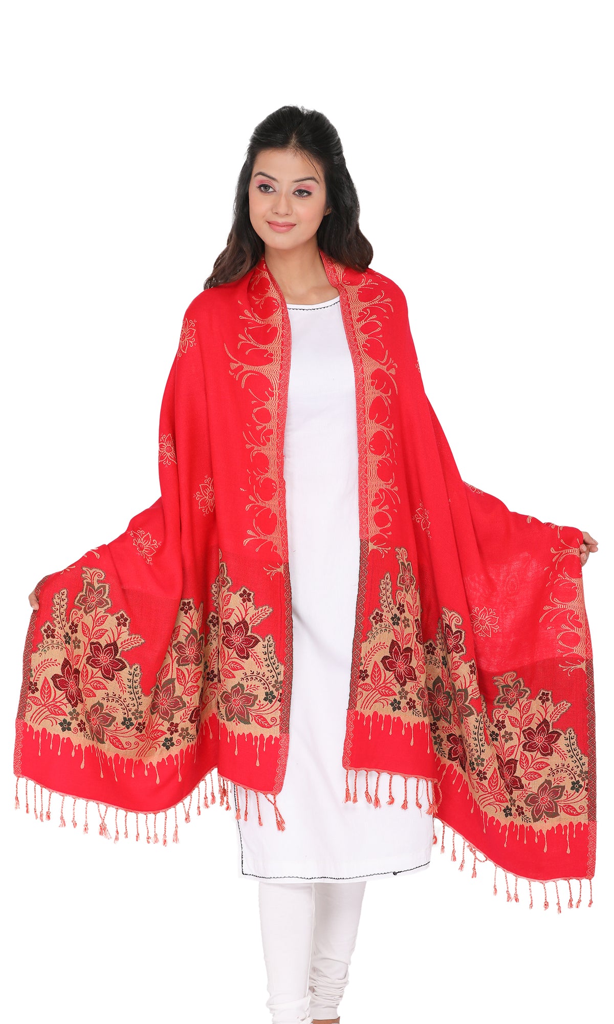 Floral Embroidery Woollen Stole - Red