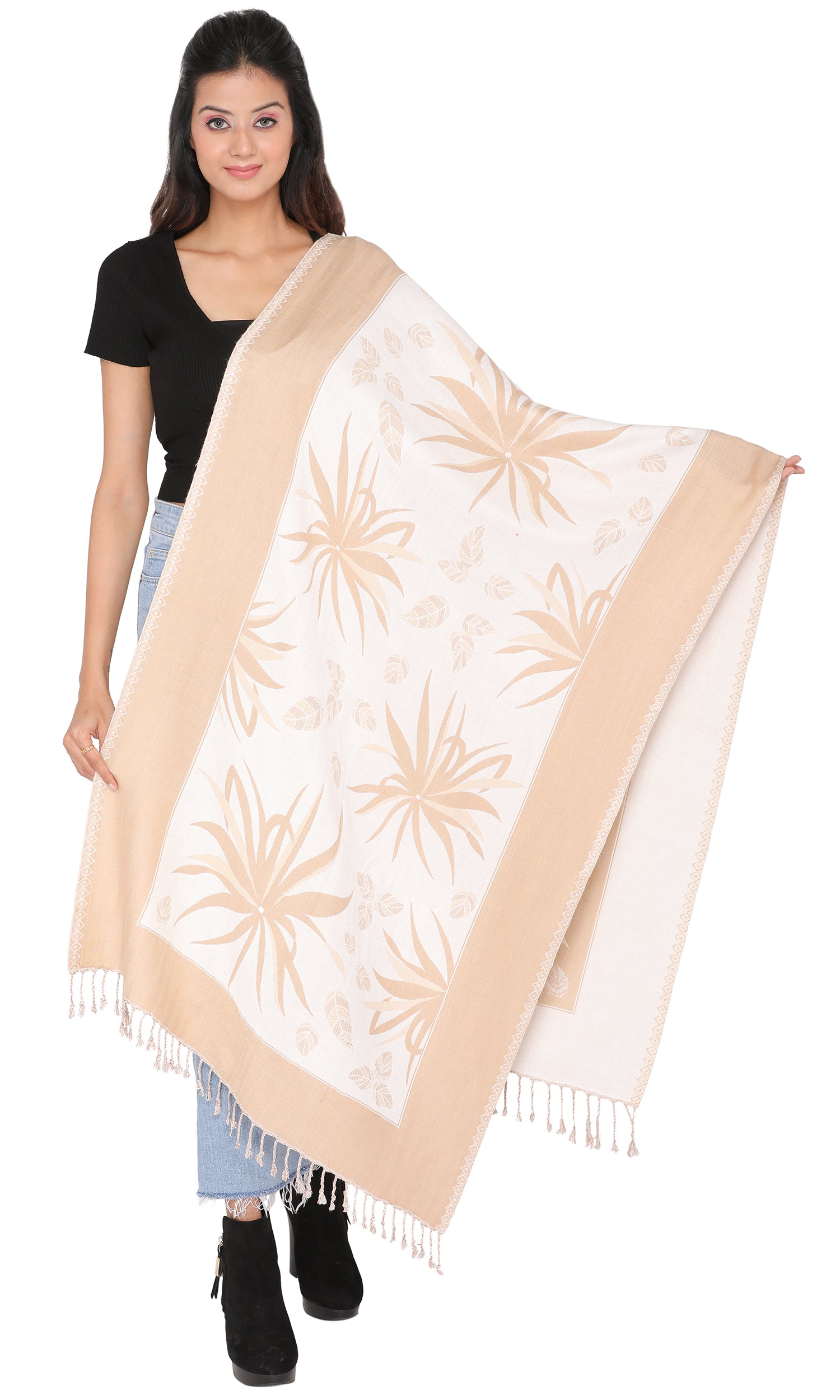 KRITI Floral Woven Woollen Beige Color Stole For Girl
