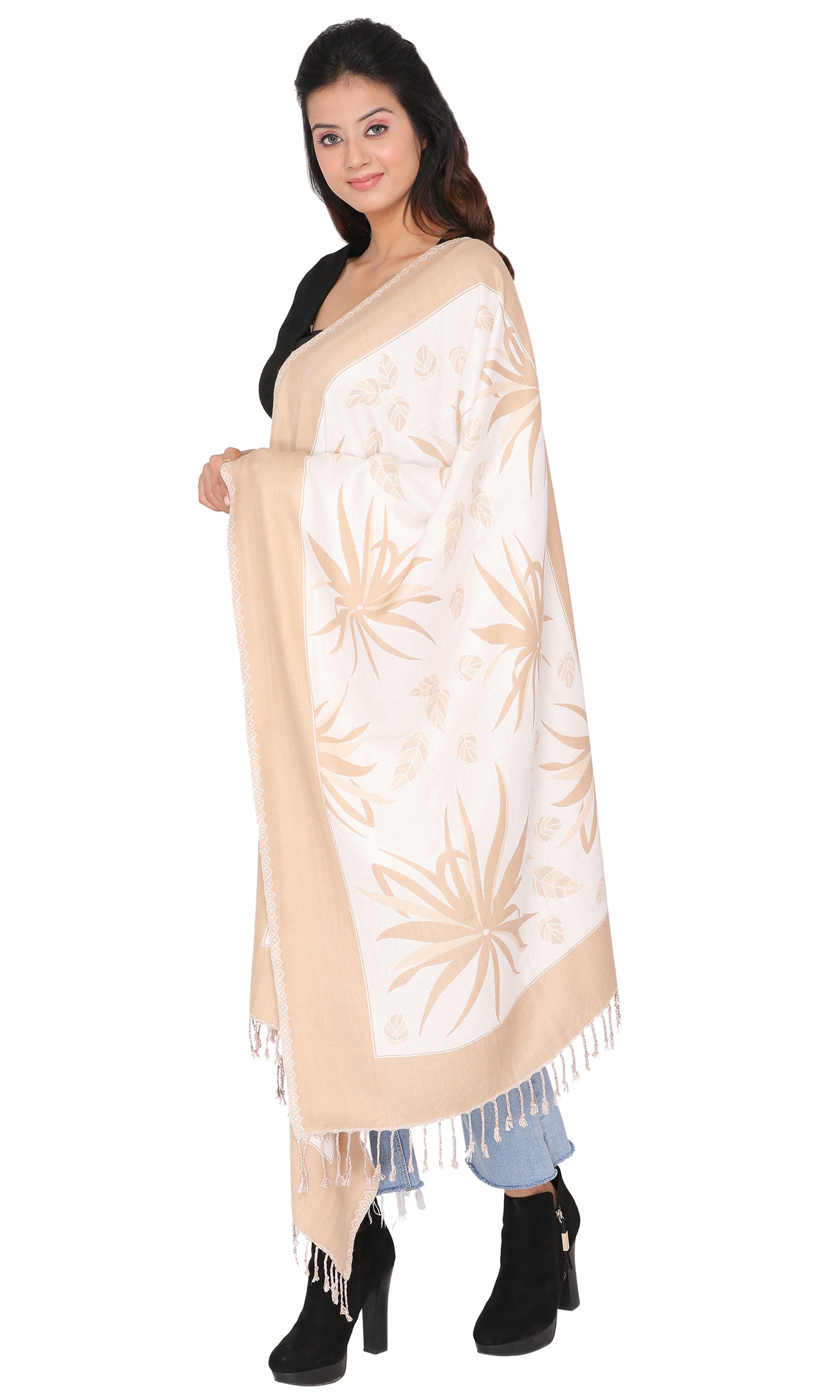 KRITI Floral Woven Woollen Beige Color Stole For Girl