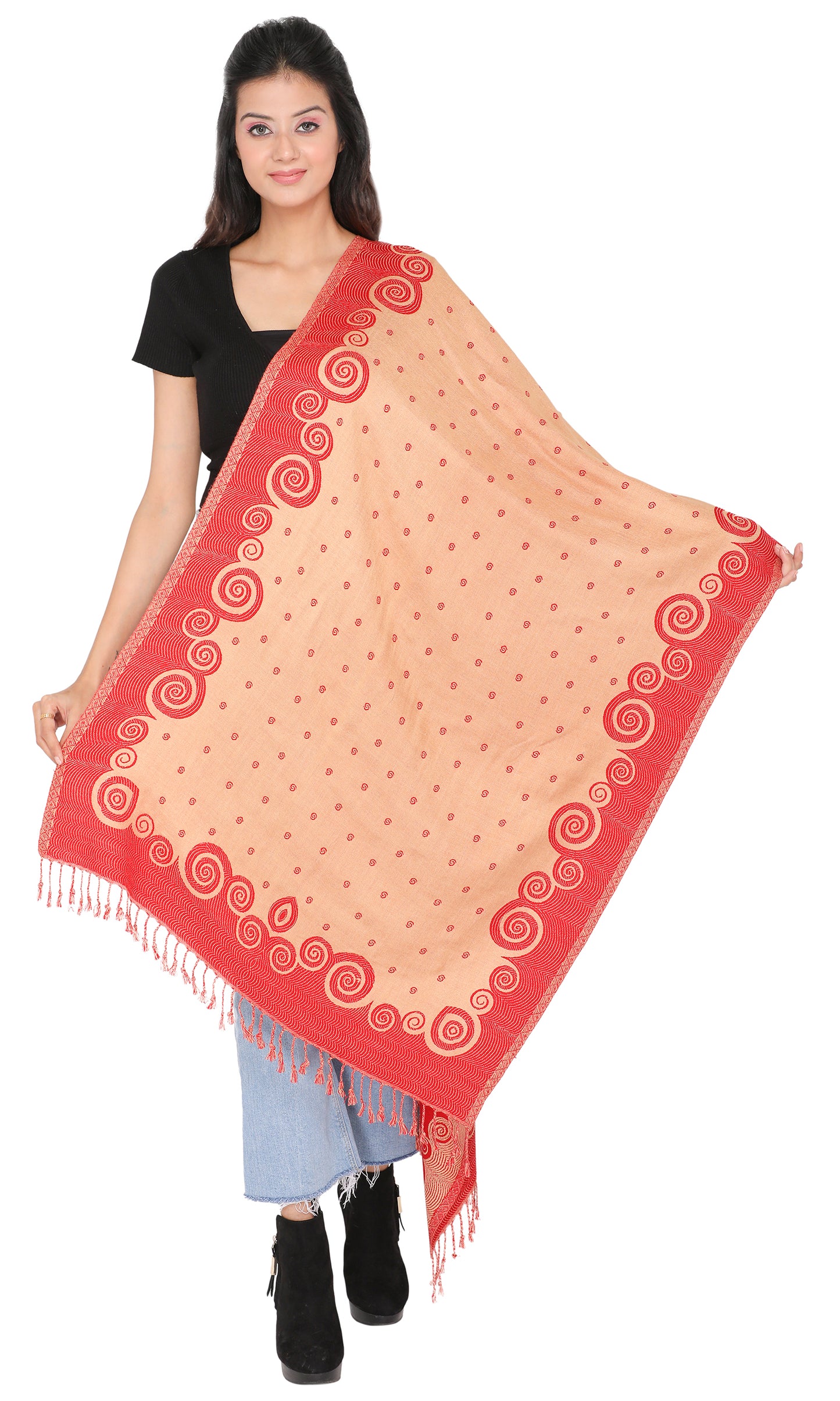 KRITI Floral Border Design Woolen Red Color Stole For Girl