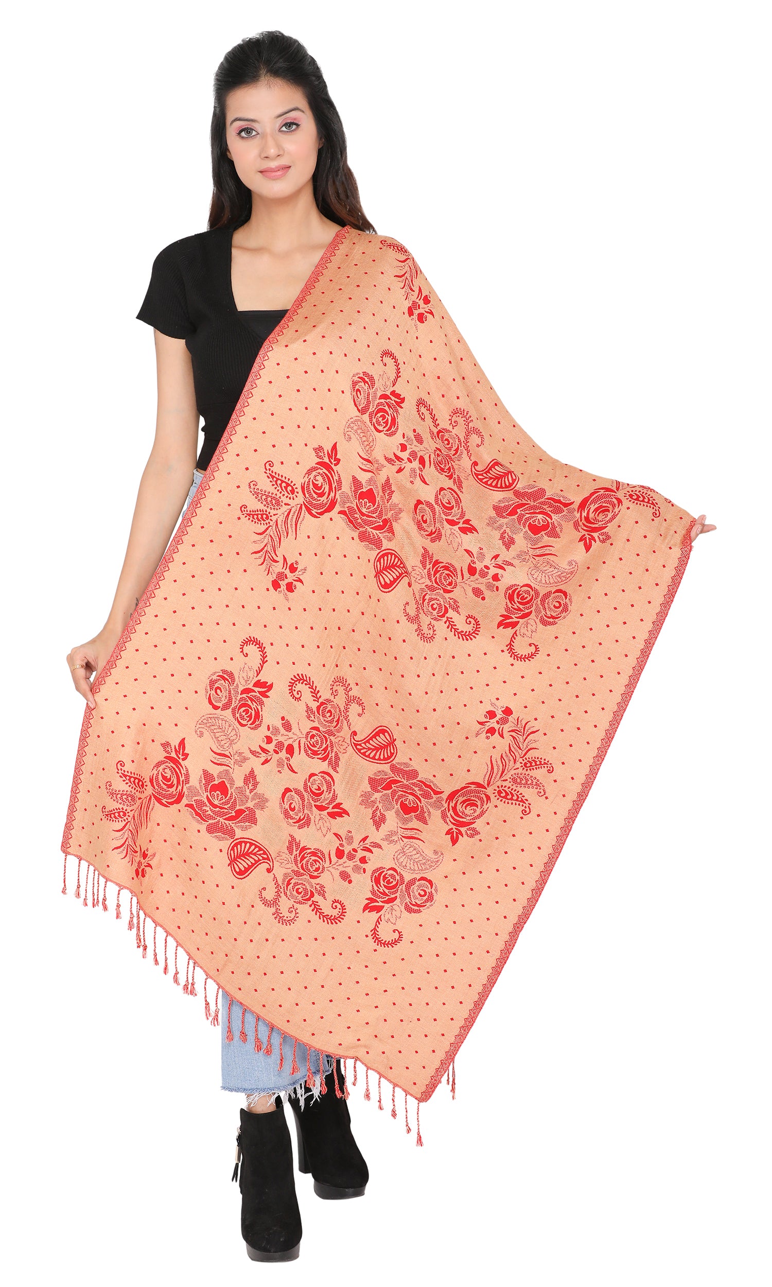 KRITI Paisley Designer Woollen Reversible Red Stole For Girl