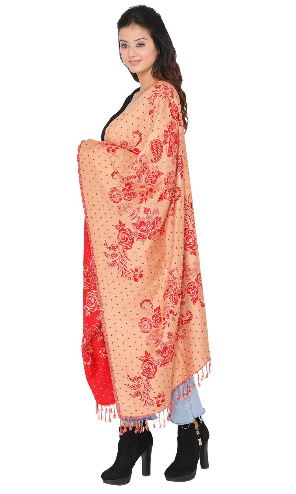 Paisley Designer Woolen Reversible Red Stole For Women